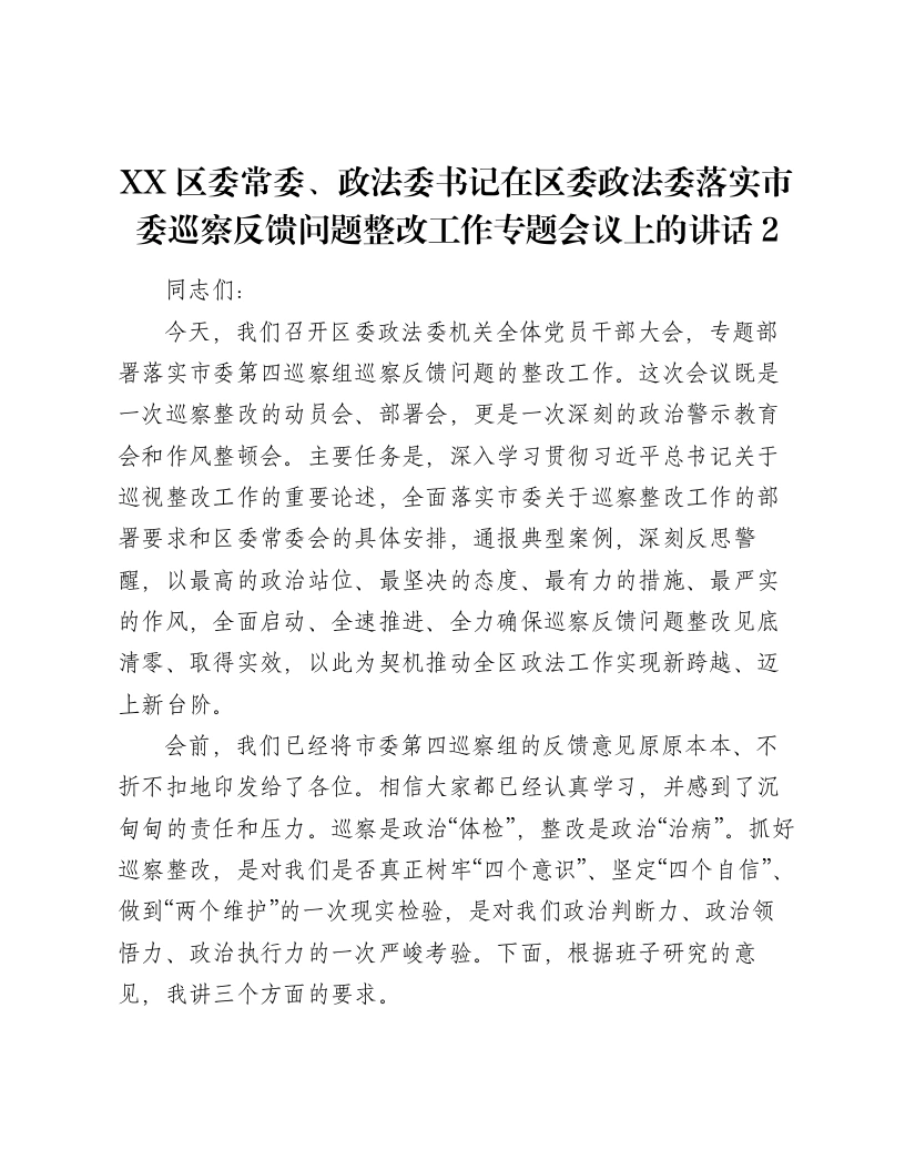 XX区委常委、政法委书记在区委政法委落实市委巡察反馈问题整改工作专题会议上的讲话2-笔杆云