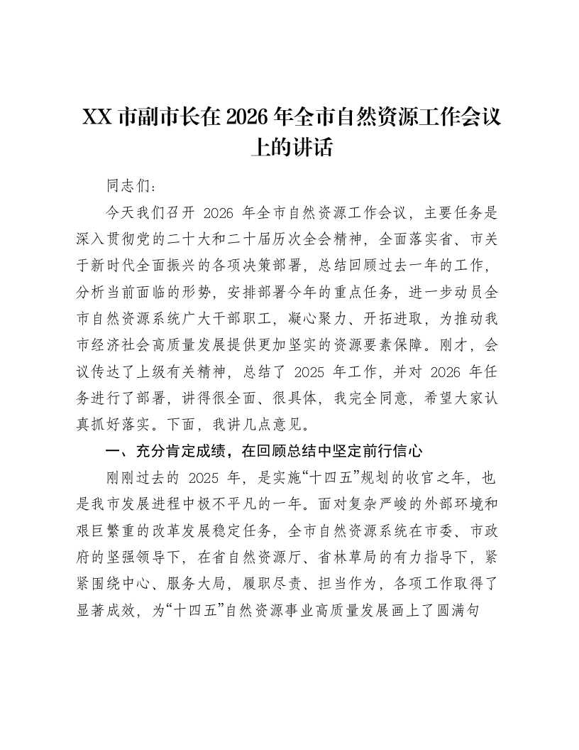 XX市副市长在2026年全市自然资源工作会议上的讲话2-笔杆云