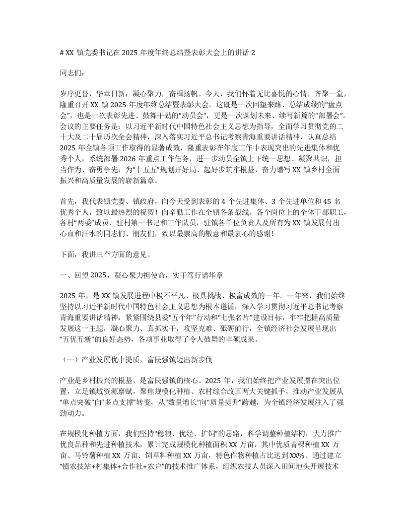 XX镇党委书记在2025年度年终总结暨表彰大会上的讲话2-笔杆云