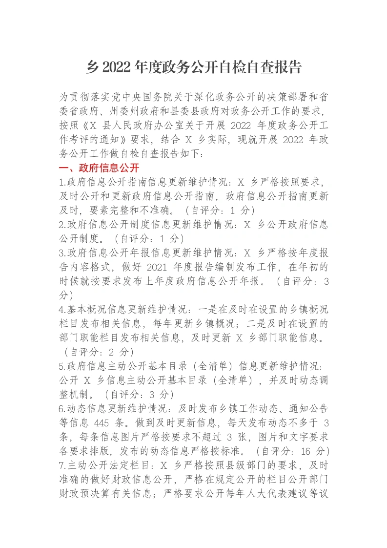 乡2022年度政务公开自检自查报告-笔杆云