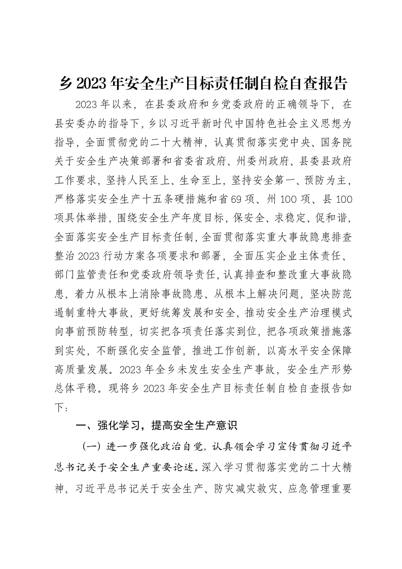 乡2023年安全生产目标责任制自检自查报告-笔杆云