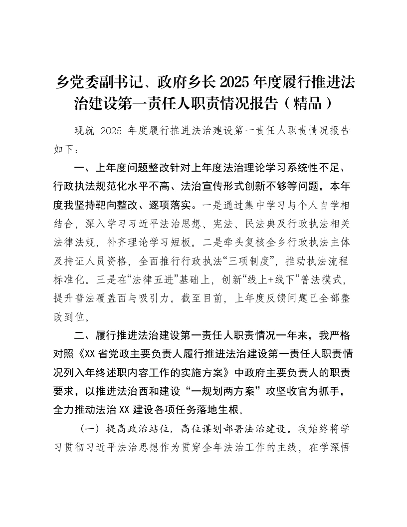 乡党委副书记、政府乡长2025年度履行推进法治建设第一责任人职责情况报告-笔杆云