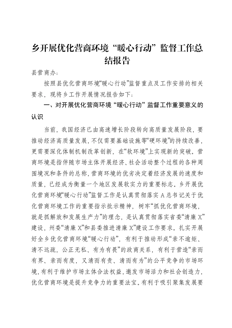 乡开展优化营商环境“暖心行动”监督工作总结报告-笔杆云