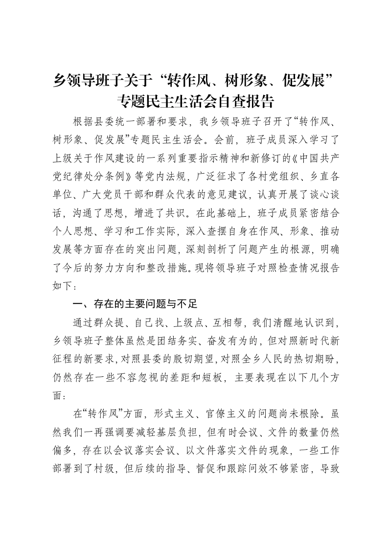 乡领导班子关于“转作风、树形象、促发展”专题xxxxx自查报告-笔杆云