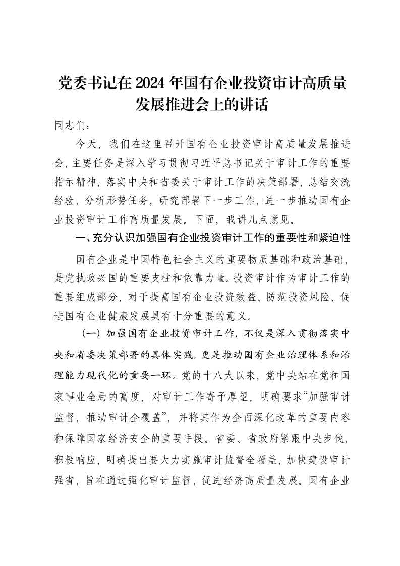 党委书记在2024年国有企业投资审计高质量发展推进会上的讲话-笔杆云
