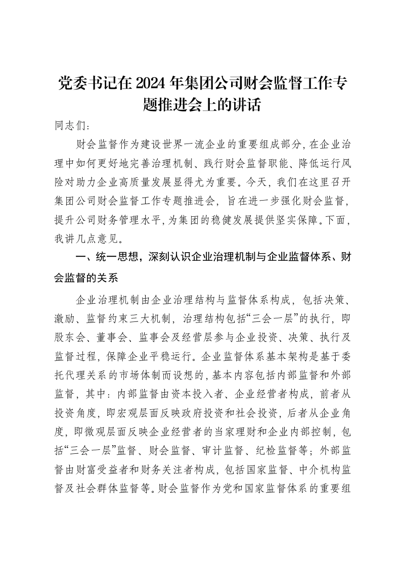 党委书记在2024年集团公司财会监督工作专题推进会上的讲话-笔杆云