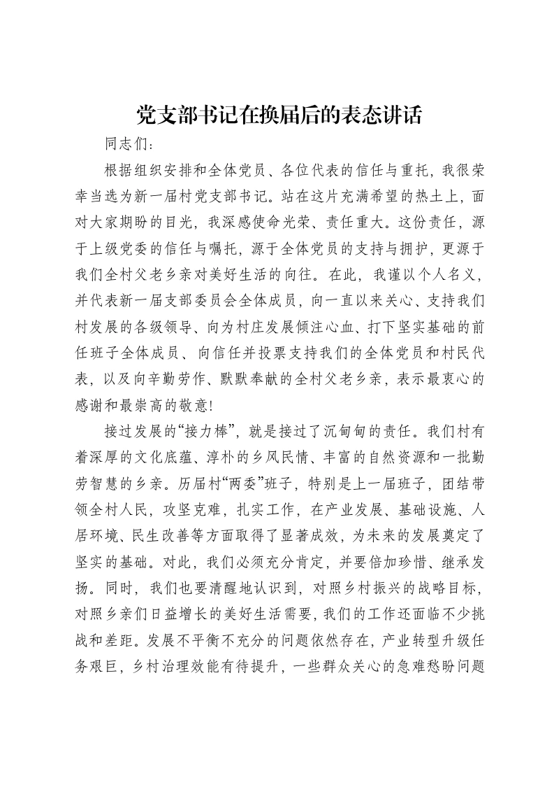 党支部书记在换届后的表态讲话-笔杆云