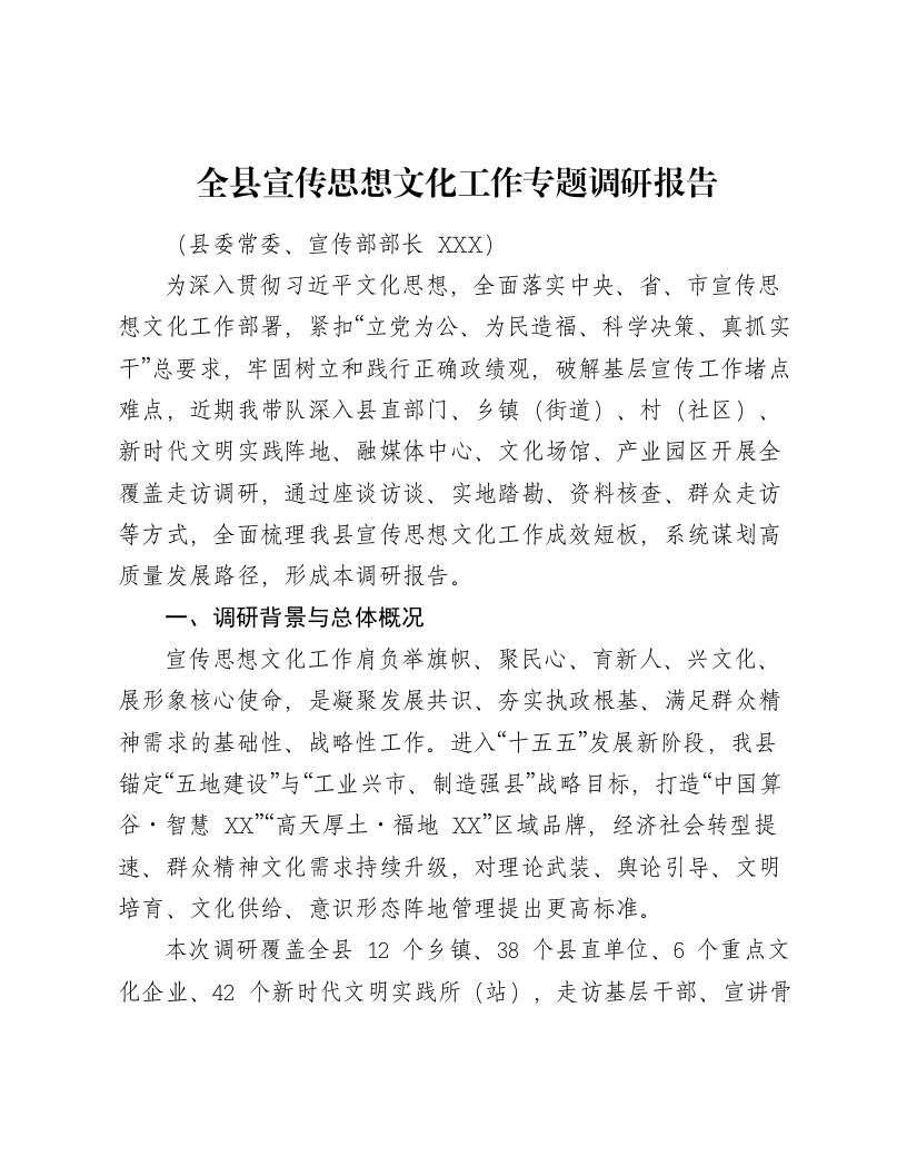 全县宣传思想文化工作专题调研报告
