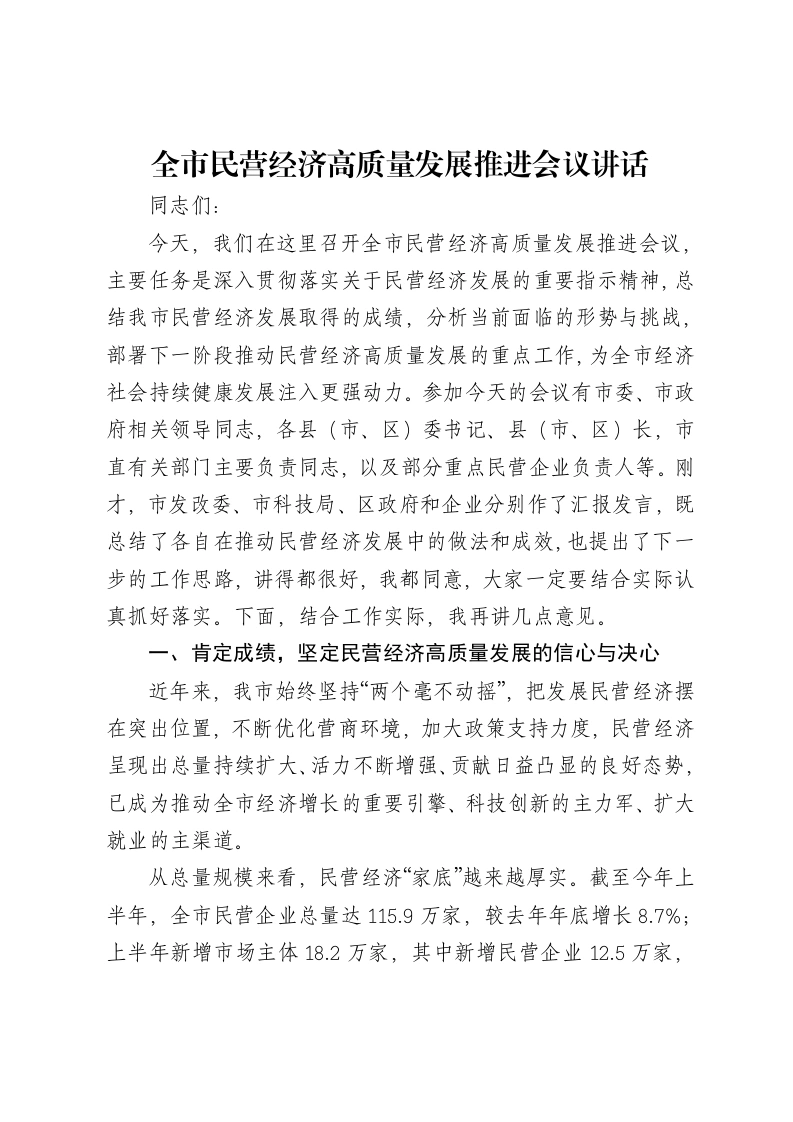 全市民营经济高质量发展推进会议讲话-笔杆云