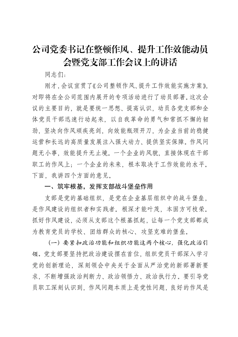 公司党委书记在整顿作风、提升工作效能动员会暨党支部工作会议上的讲话
