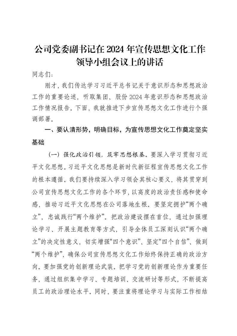 公司党委副书记在2024年宣传思想文化工作领导小组会议上的讲话-笔杆云