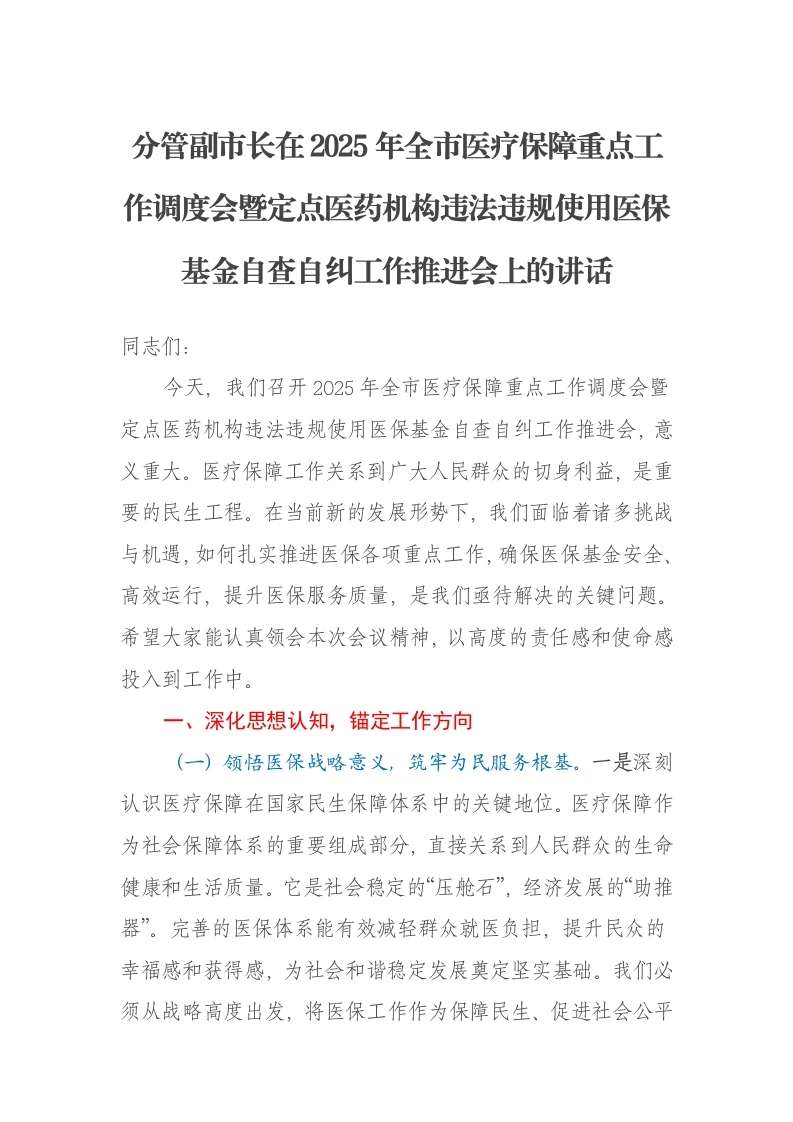 分管副市长在2025年全市医疗保障重点工作调度会暨定点医药机构违法违规使用医保基金自查自纠工作推进会上的讲话-笔杆云