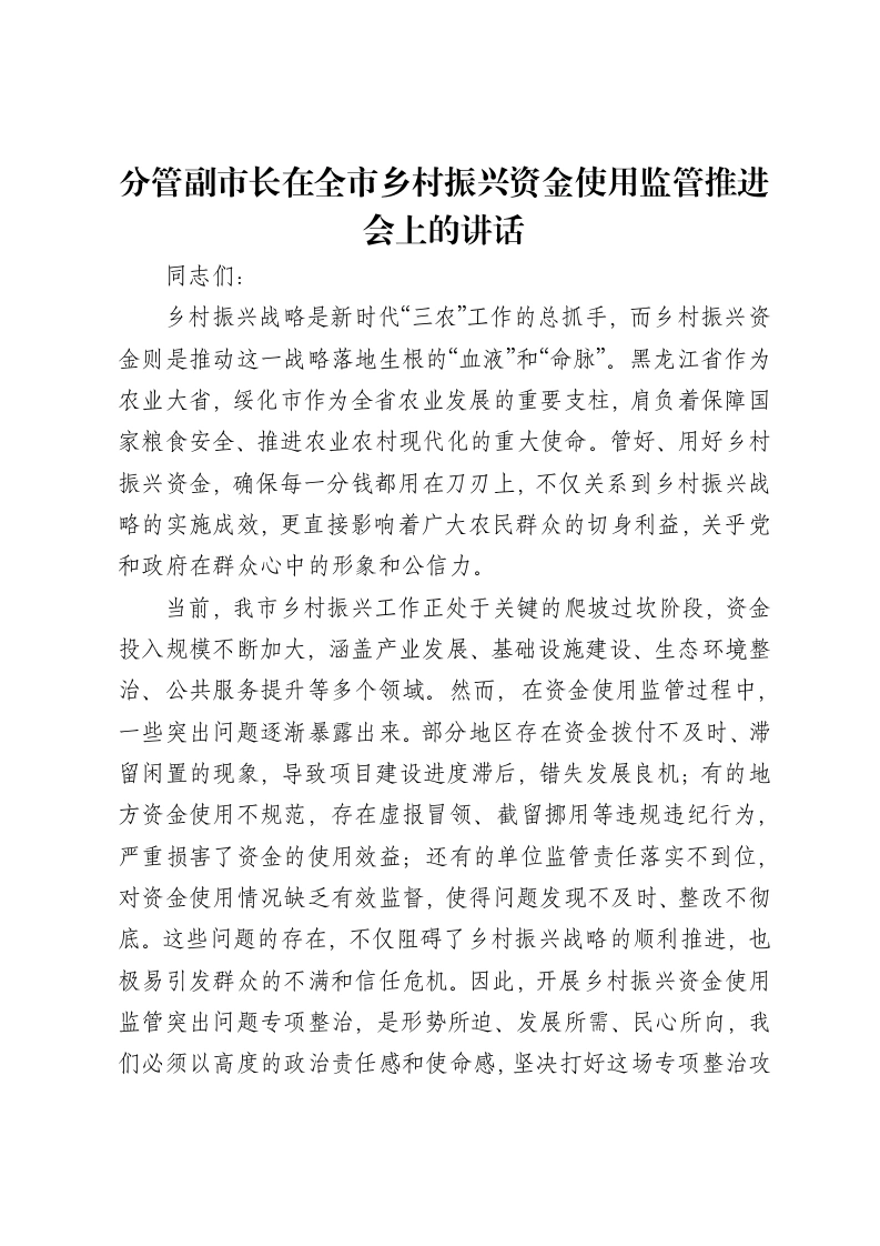 分管副市长在全市乡村振兴资金使用监管推进会上的讲话-笔杆云