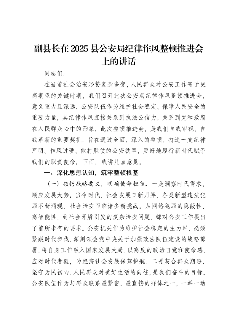副县长在2025县公安局纪律作风整顿推进会上的讲话-笔杆云