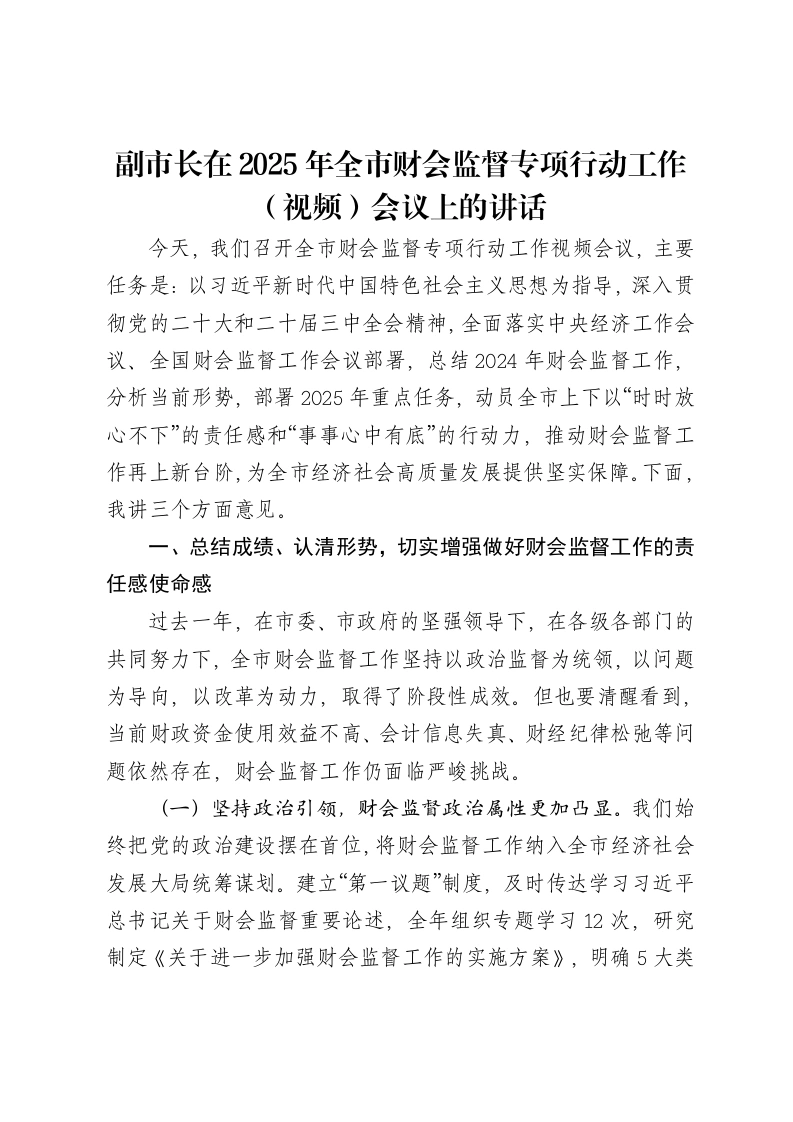 副市长在2025年全市财会监督专项行动工作（视频）会议上的讲话-笔杆云