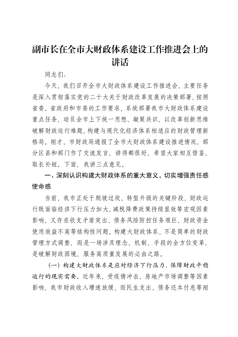 副市长在全市大财政体系建设工作推进会上的讲话