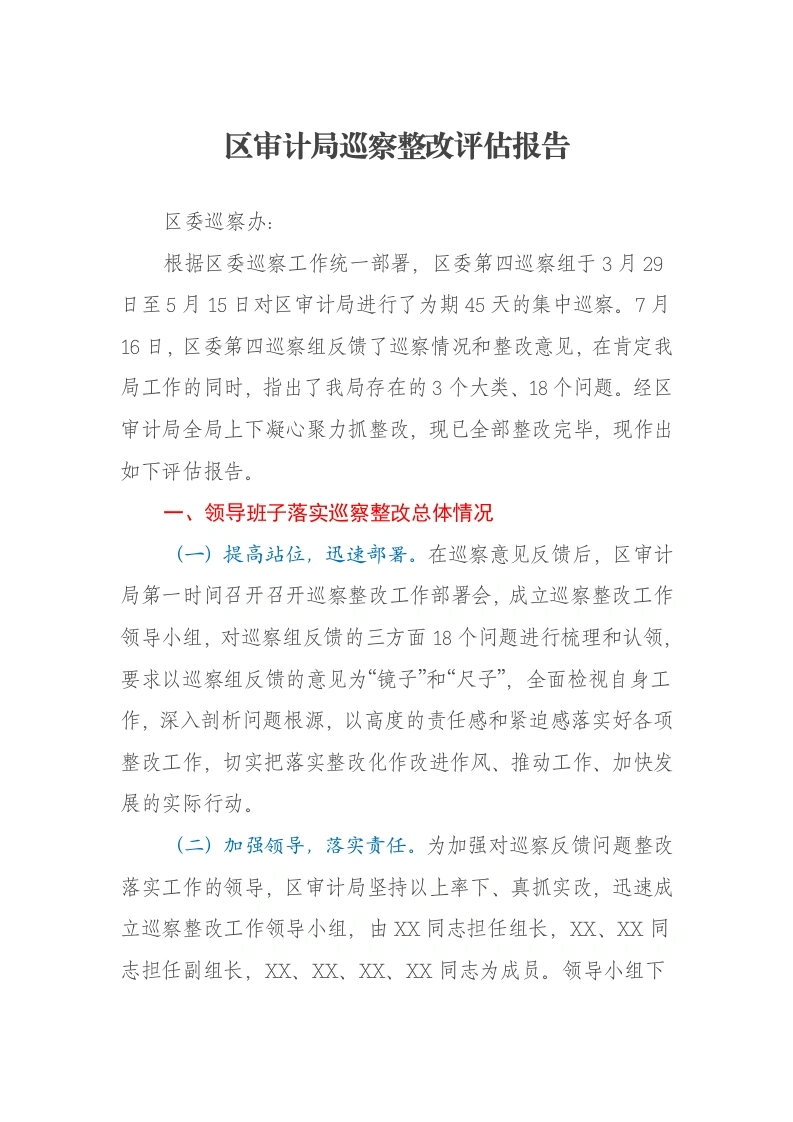 区审计局巡察整改评估报告