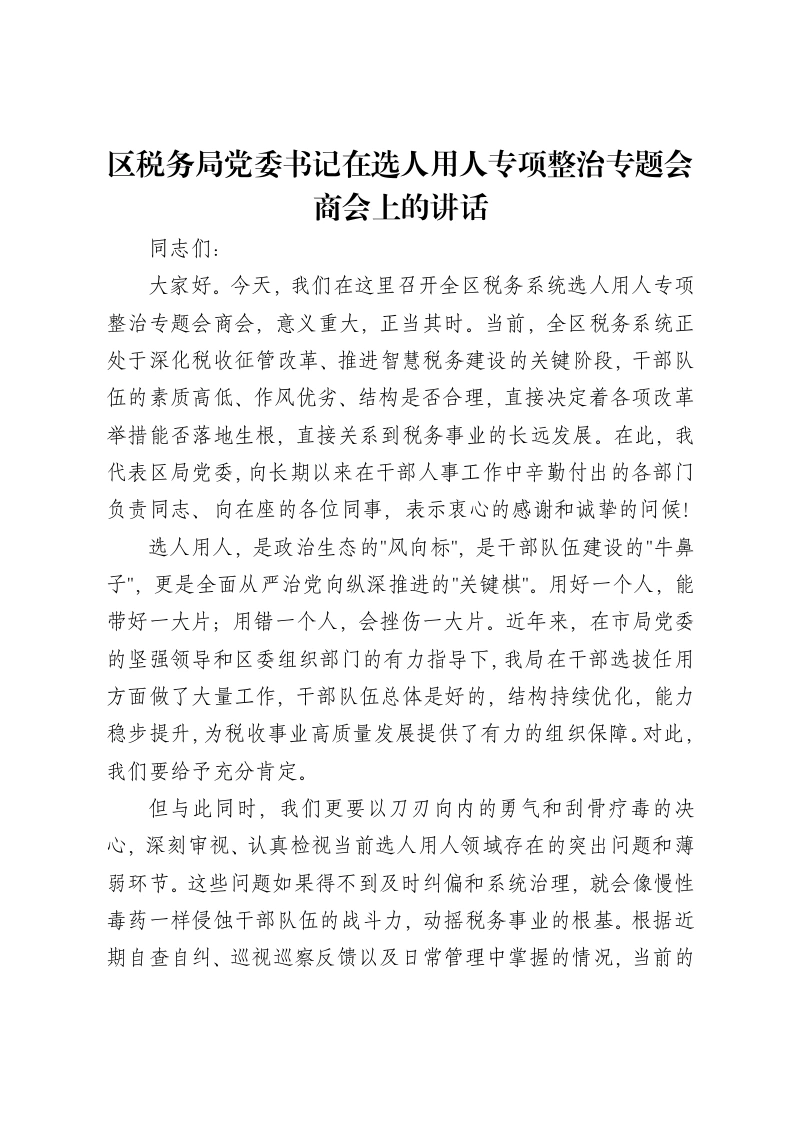 区税务局党委书记在选人用人专项整治专题会商会上的讲话
