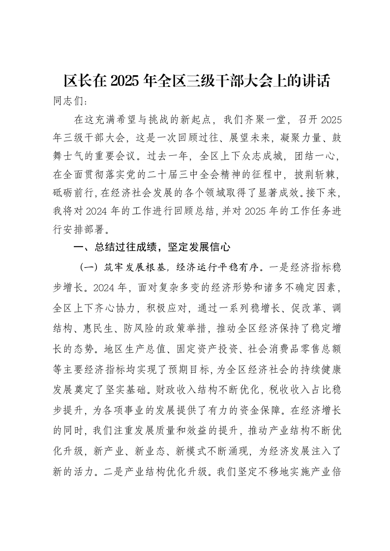 区长在2025年全区三级干部大会上的讲话