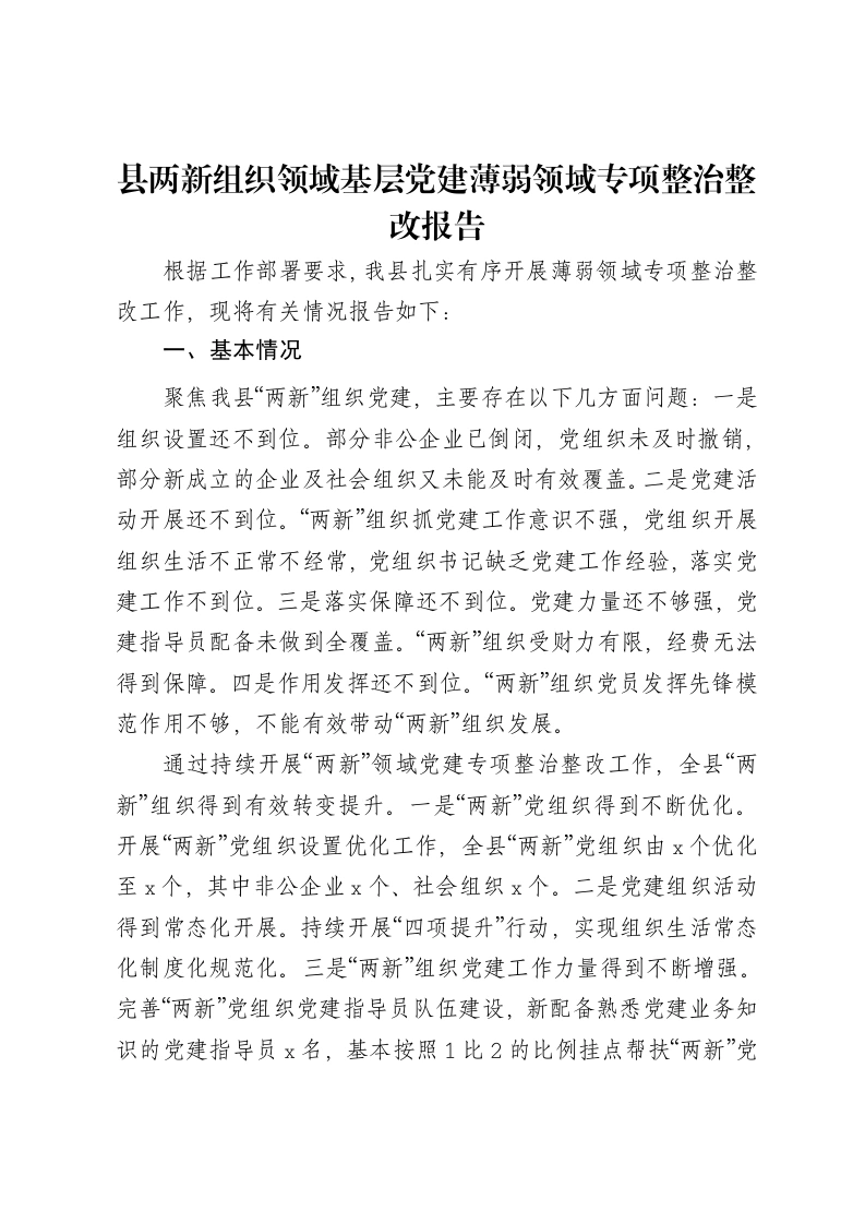 县两新组织领域基层党建薄弱领域专项整治整改报告-笔杆云