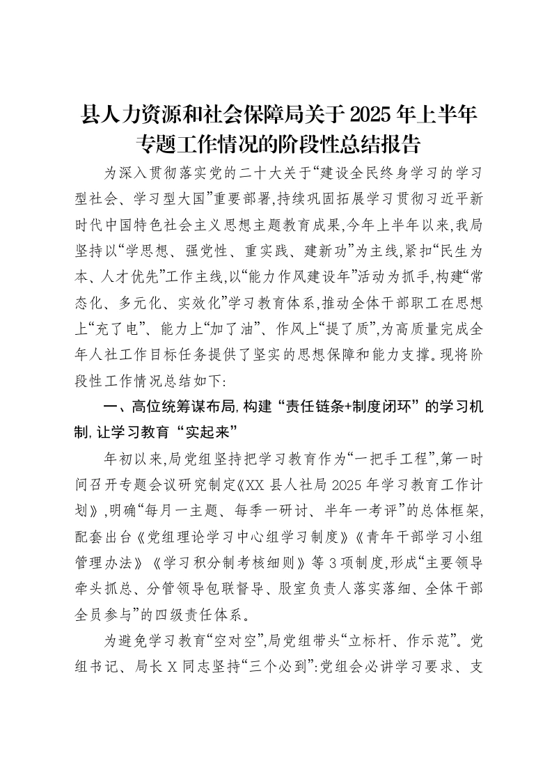 县人力资源和社会保障局关于2025年上半年专题工作情况的阶段性总结报告-笔杆云