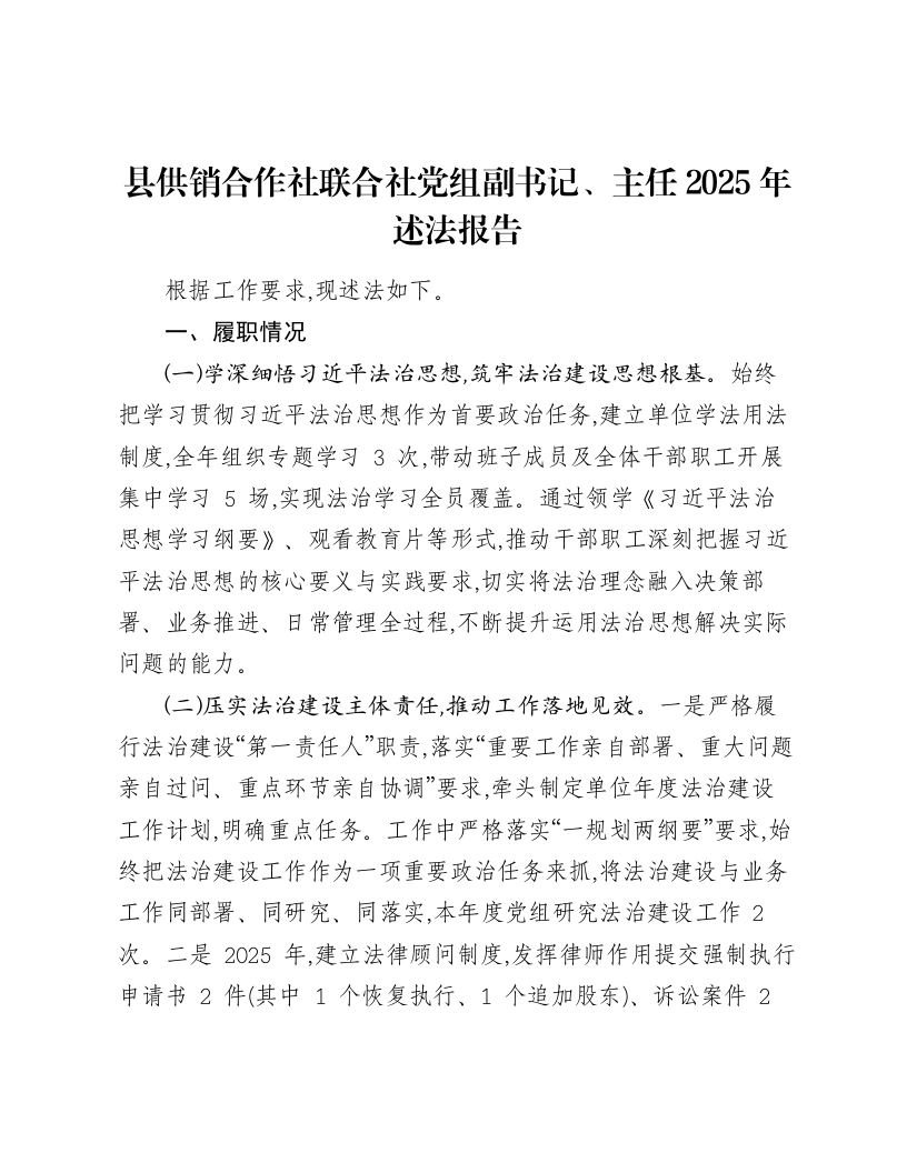 县供销合作社联合社党组副书记、主任2025年述法报告-笔杆云