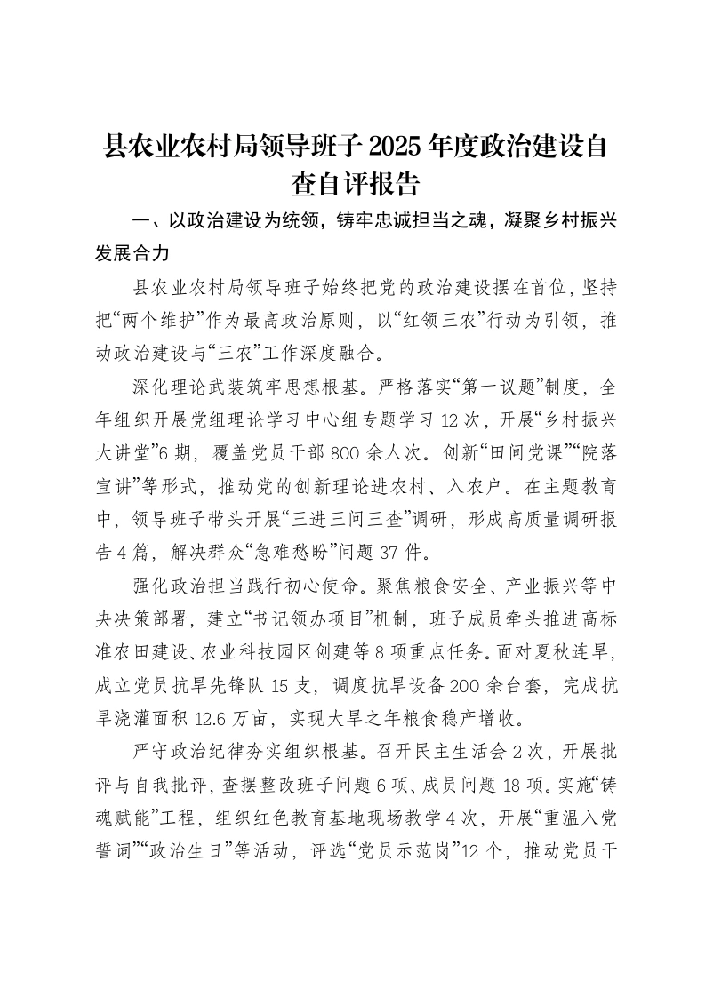 县农业农村局领导班子2025年度政治建设自查自评报告-笔杆云