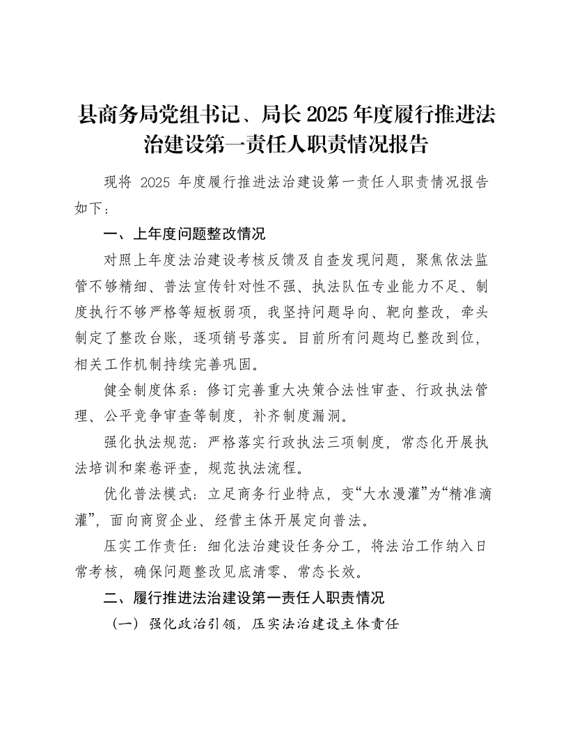 县商务局党组书记、局长2025年度履行推进法治建设第一责任人职责情况报告-笔杆云