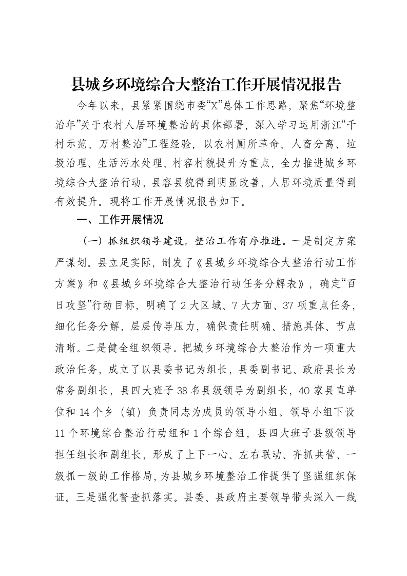 县城乡环境综合大整治工作开展情况报告