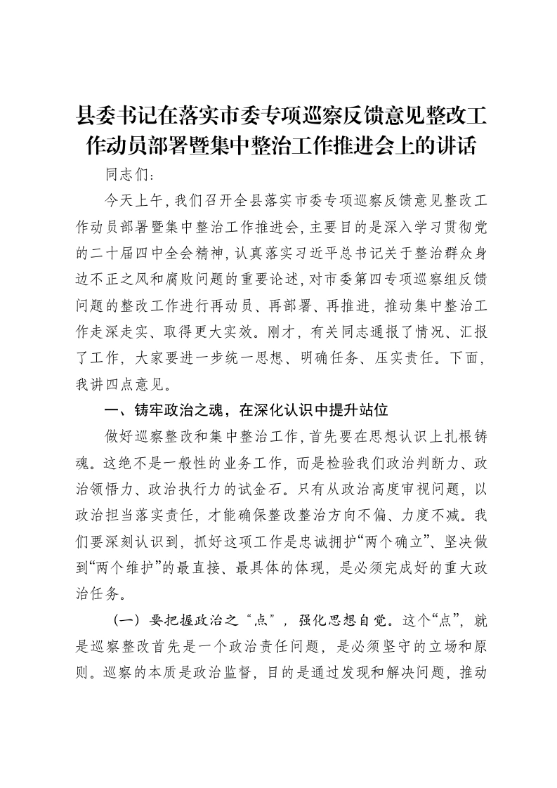 县委书记在落实市委专项巡察反馈意见整改工作动员部署暨集中整治工作推进会上的讲话