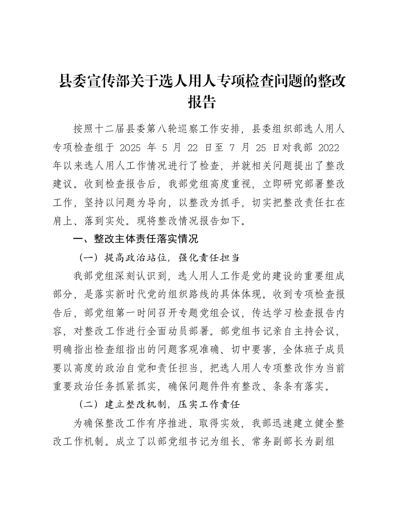 县委宣传部关于选人用人专项检查问题的整改报告-笔杆云