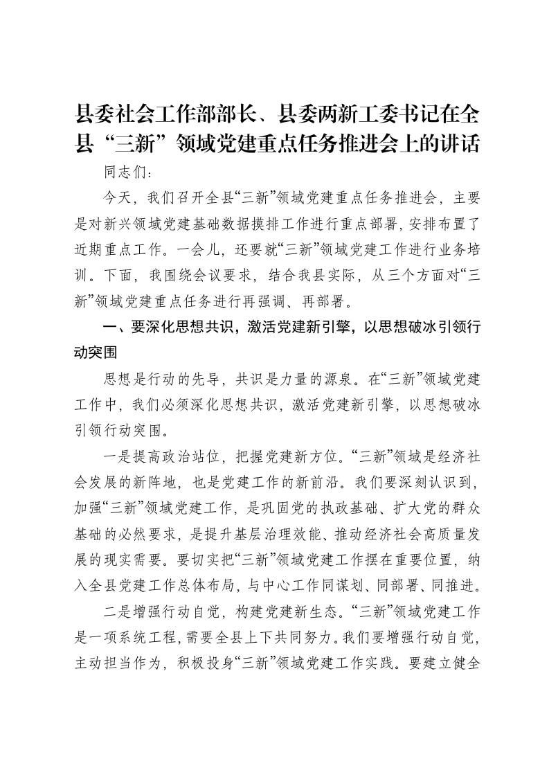 县委社会工作部部长、县委两新工委书记在全县“三新”领域党建重点任务推进会上的讲话