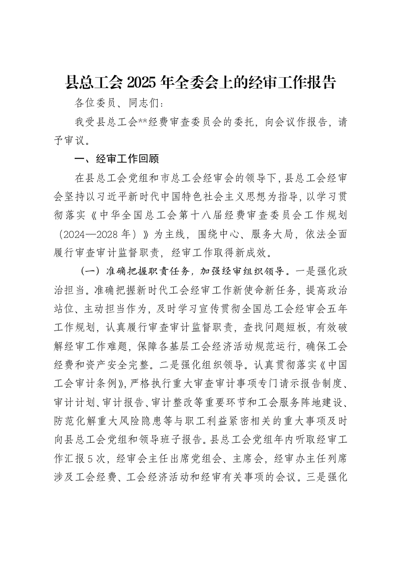 县总工会2025年全委会上的经审工作报告-笔杆云