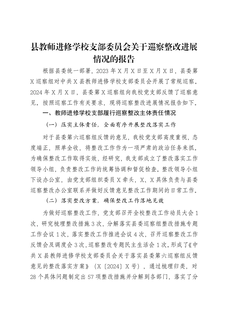 县教师进修学校支部委员会关于巡察整改进展情况的报告-笔杆云