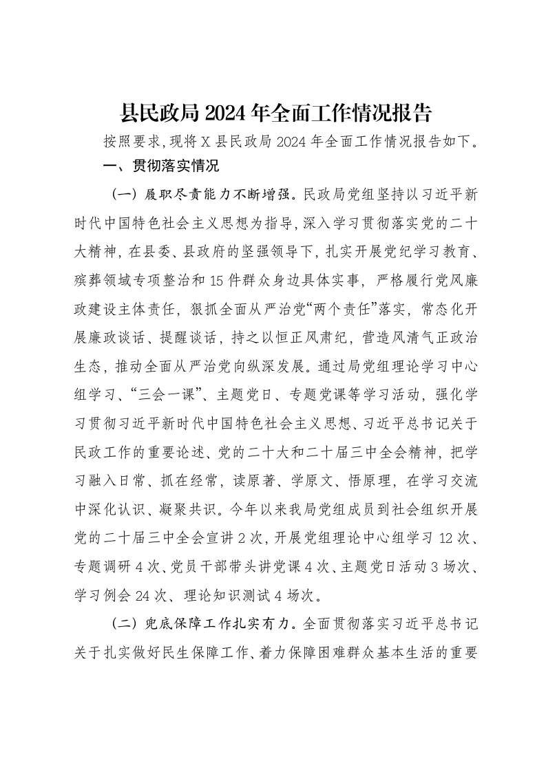 县民政局2024年全面工作情况报告-笔杆云