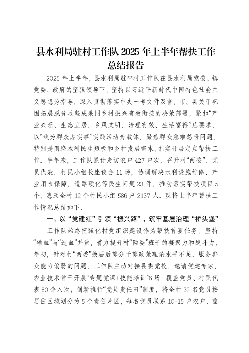 县水利局驻村工作队2025年上半年帮扶工作总结报告-笔杆云