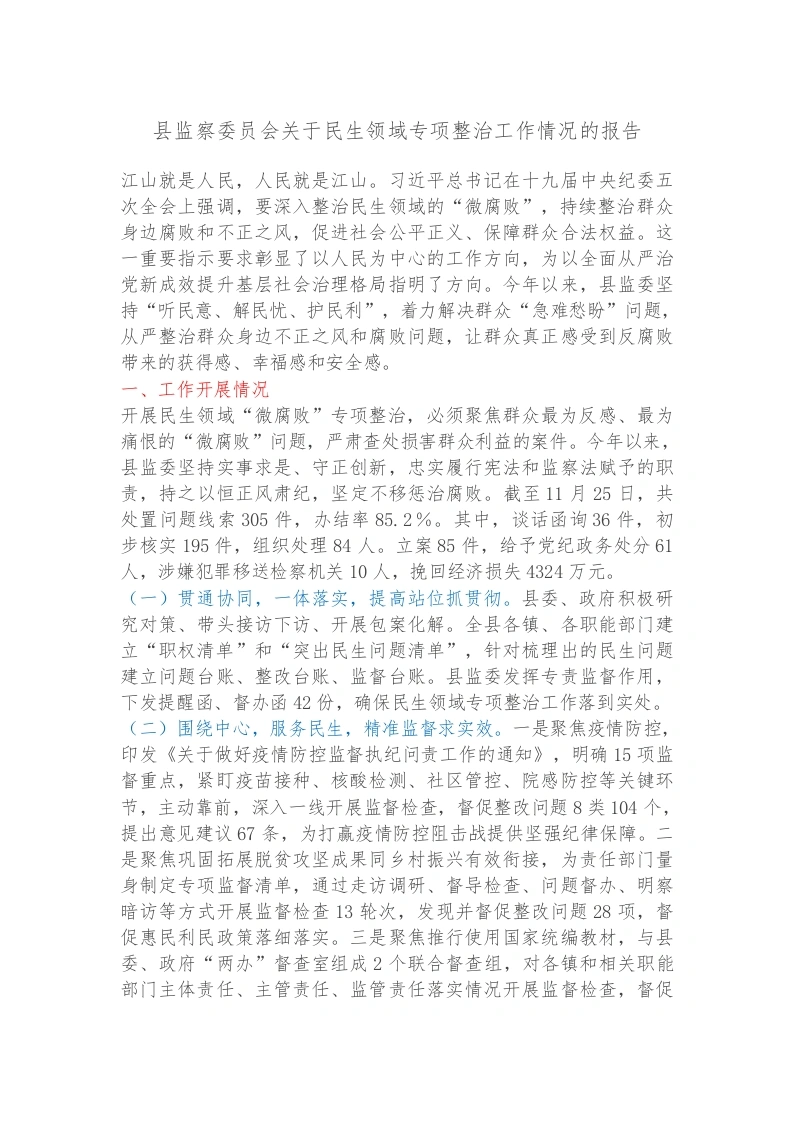 县监察委员会关于民生领域专项整治工作情况的报告-笔杆云