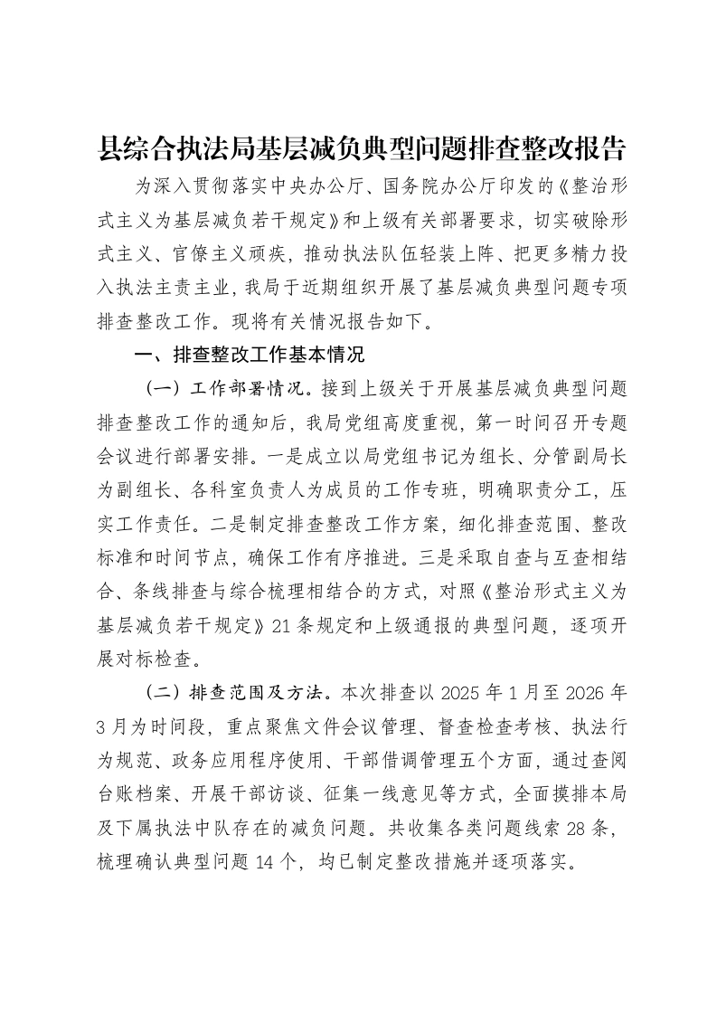 县综合执法局基层减负典型问题排查整改报告-笔杆云