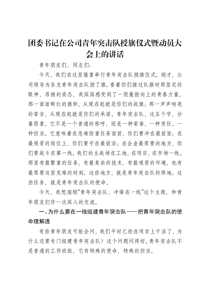 团委书记在公司青年突击队授旗仪式暨动员大会上的讲话-笔杆云