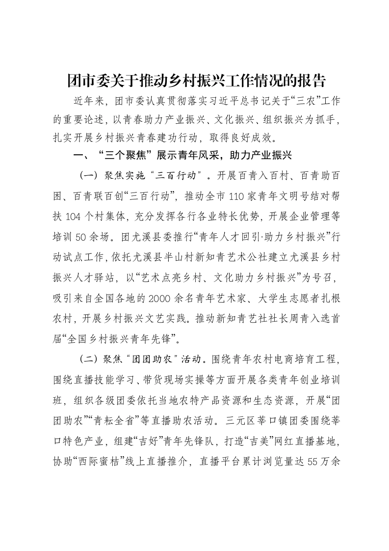 团市委关于推动乡村振兴工作情况的报告-笔杆云
