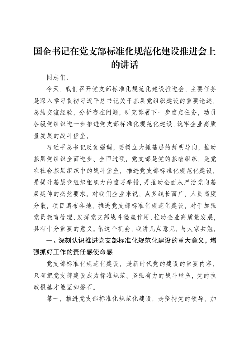 国企书记在党支部标准化规范化建设推进会上的讲话