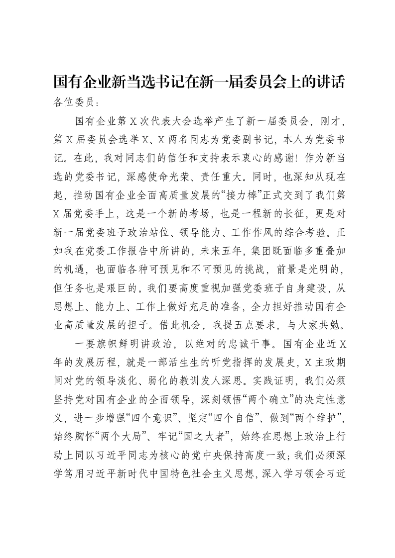 国有企业新当选书记在新一届委员会上的讲话