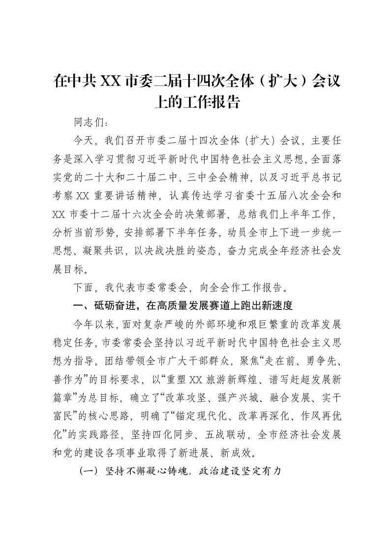 在中共XX市委二届十四次全体（扩大）会议上的工作报告