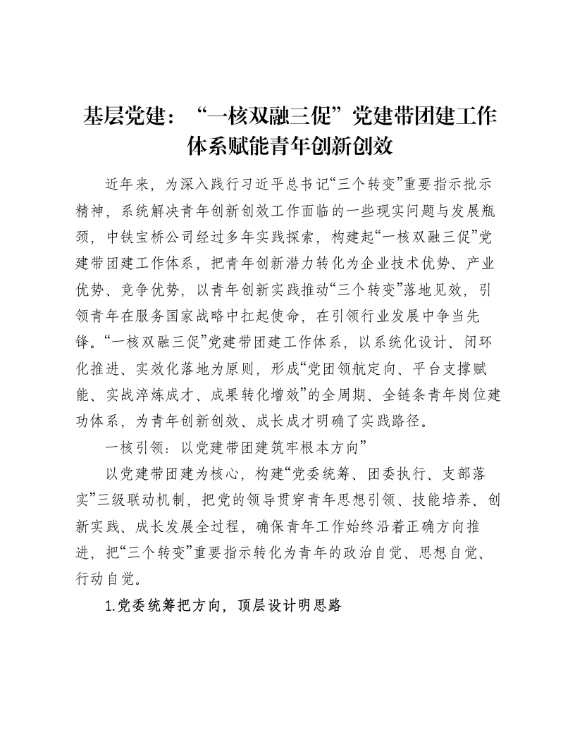 基层党建：“一核双融三促”党建带团建工作体系赋能青年创新创效