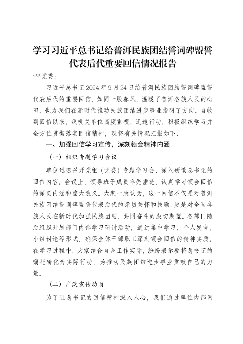 学习习近平总书记给普洱民族团结誓词碑盟誓代表后代重要回信情况报告