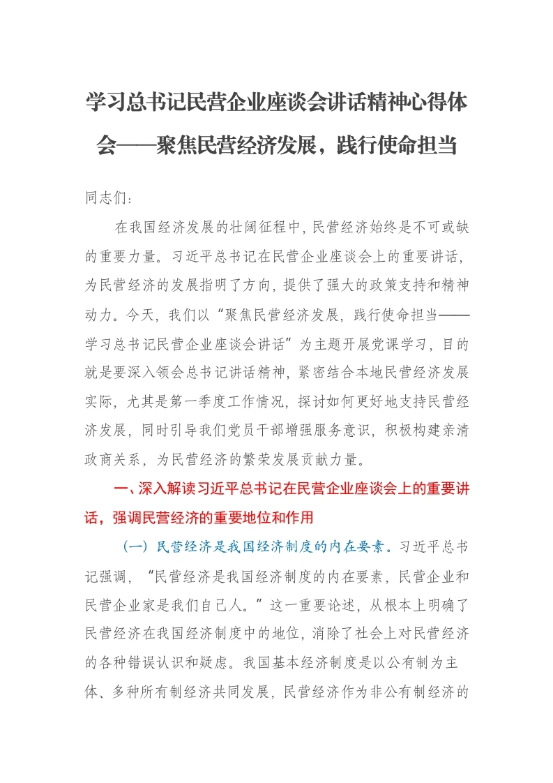 学习总书记民营企业座谈会讲话精神心得体会——聚焦民营经济发展，践行使命担当