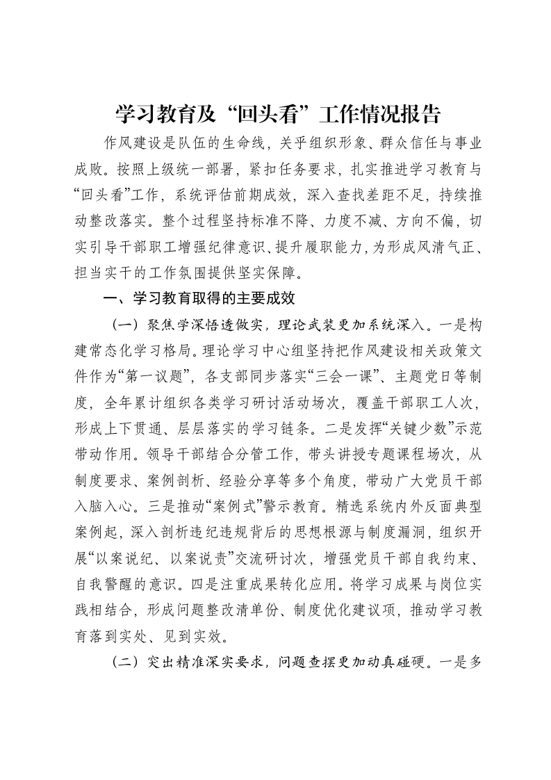 学习教育及“回头看”工作情况报告-笔杆云