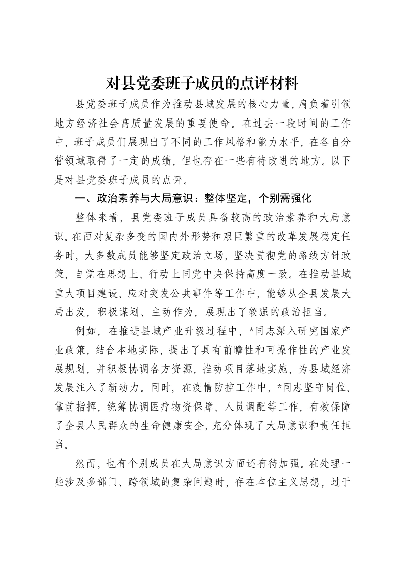 对县党委班子成员的点评材料