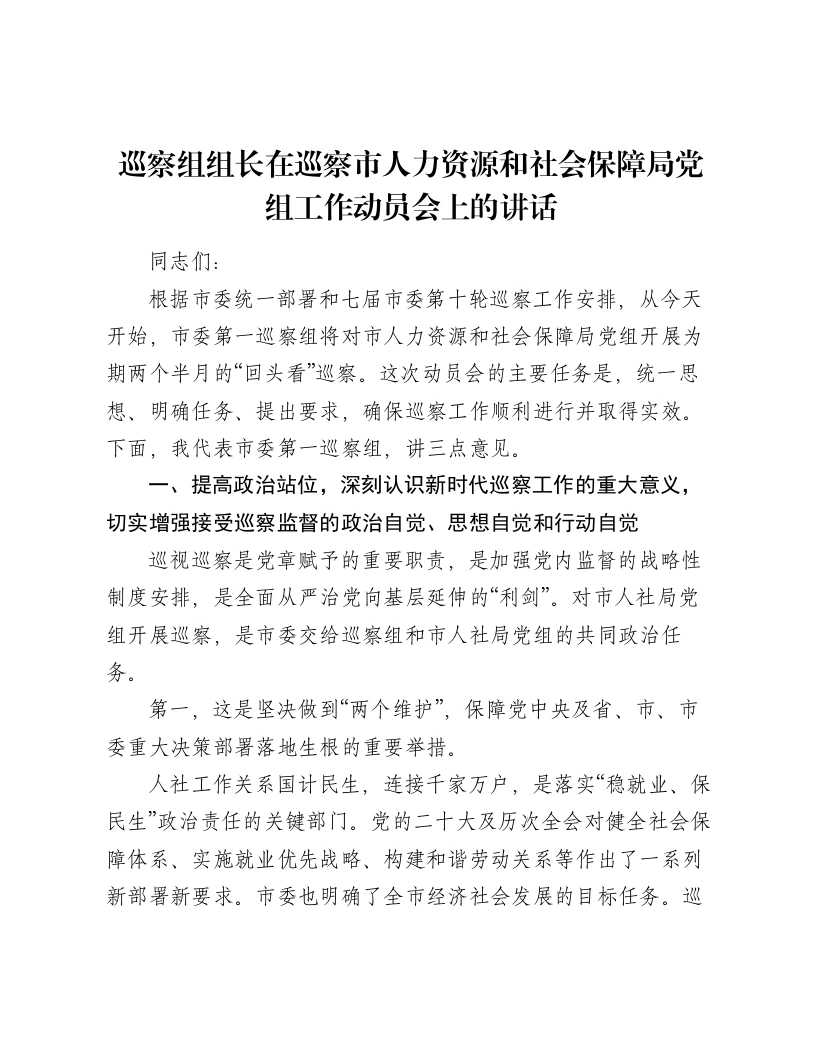 巡察组组长在巡察市人力资源和社会保障局党组工作动员会上的讲话
