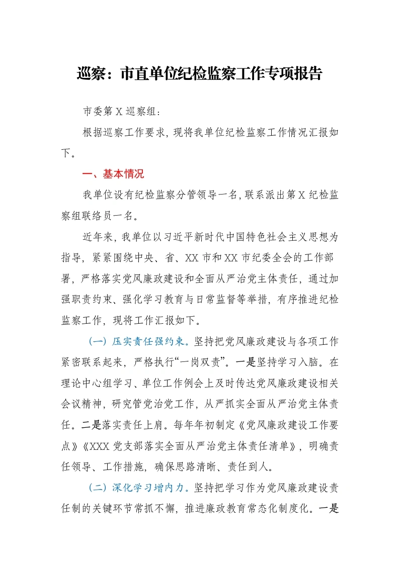 巡察：市直单位纪检监察工作专项报告